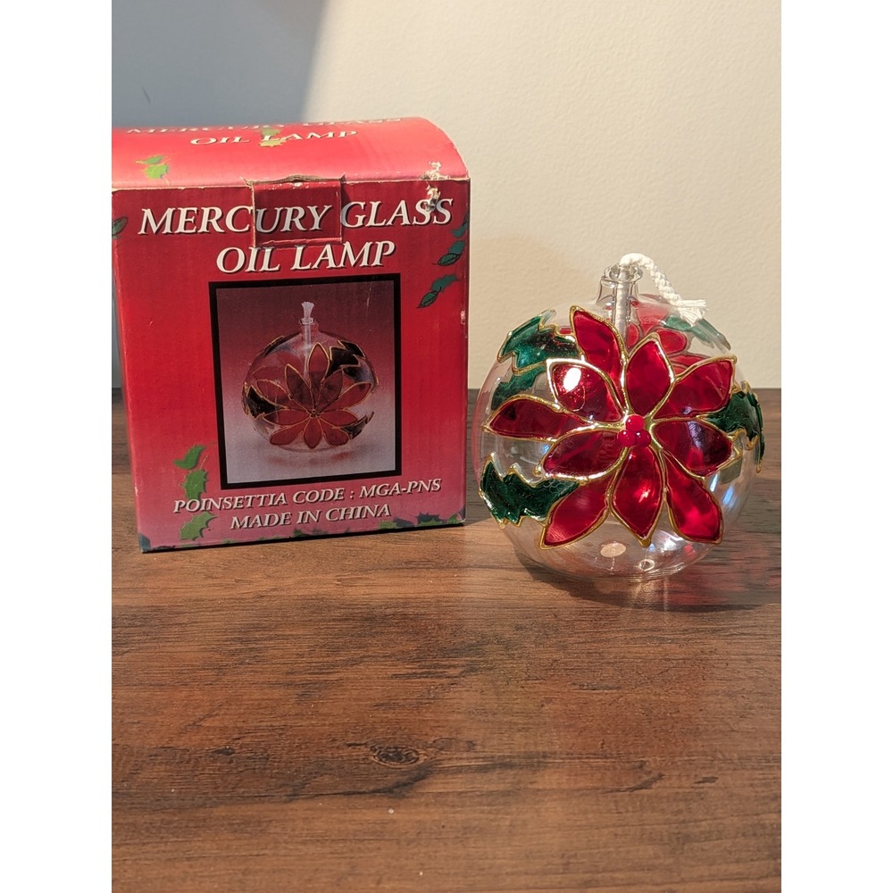 Vintage Mercury Glass Oil Lamp Poinsettia Christmas Decor with Box